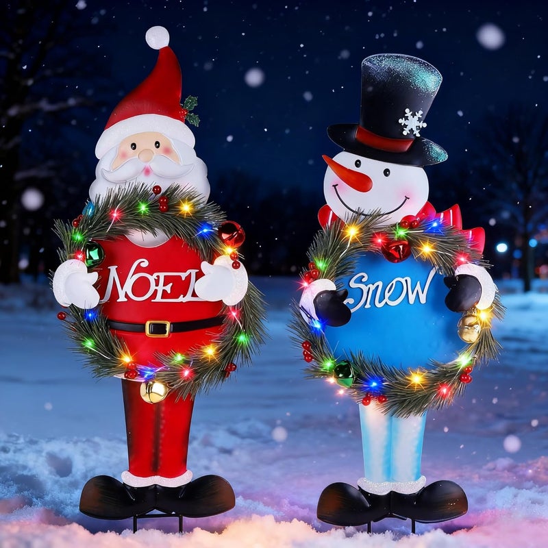 Stentec Lighted Christmas Decorations Outdoor, 2 Pack 30" Height Santa & Snowman Xmas Yard Signs Metal Garden Stakes with LED Lights, Battery Powered for Holiday New Year Winter Walkway Patio Lawn - Image 4
